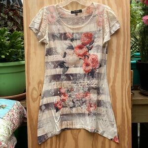 B.L.E.U. Blush Floral Striped Top, Small